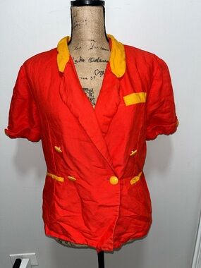 Vintage Ann Taylor Red & Yellow Linen Double-Breasted Short Sleeve Blazer 14